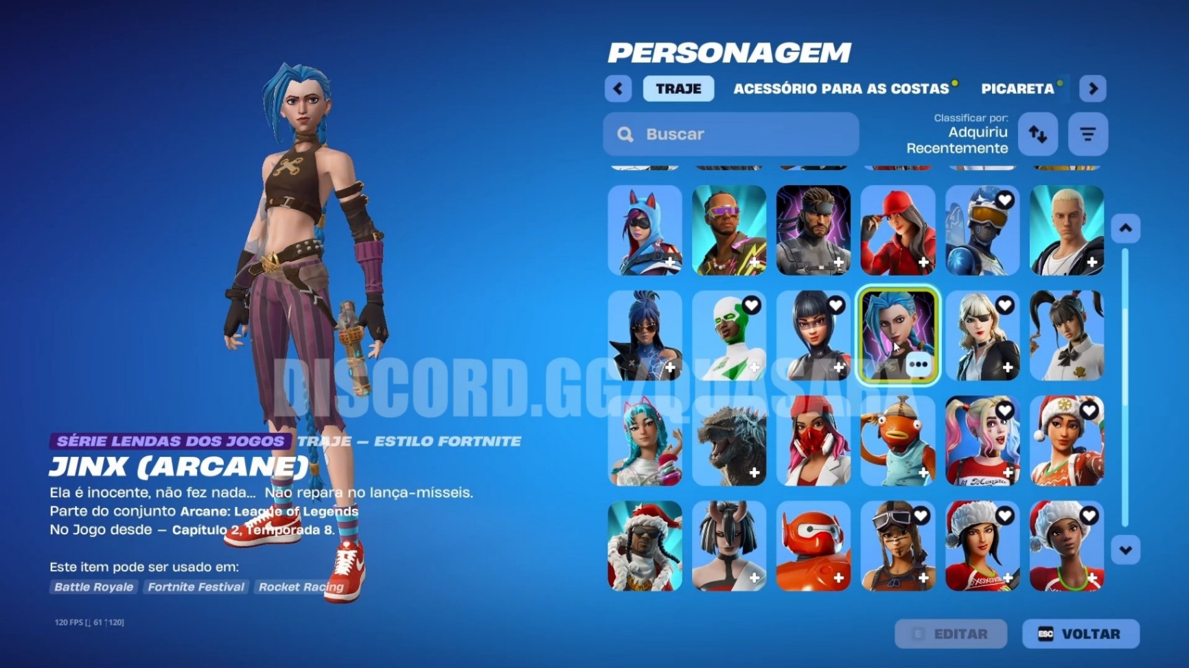 74 SKINS + VIX + JINX + 38 DE LOJA + 79 PICARETAS + FULL ACESSO + TRYHARDS