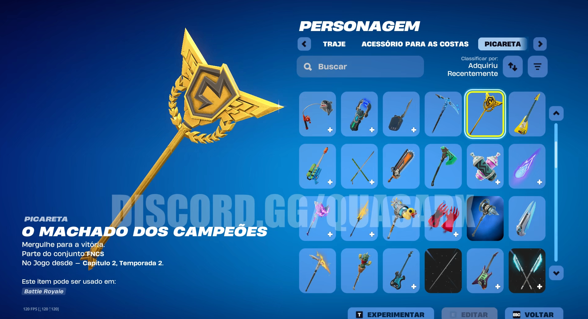 102 SKINS + 33 DE LOJA + 173 PICARETAS + PICARETA FNCS 1.0 + FULL ACESSO + TRYHARDS